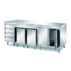 cabinet table 2400 mm  x 700 mm  H 850 mm with 2 ingredient containers with 4 drawers with 2 wing doors product photo