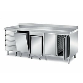 cabinet table 2600 mm  x 700 mm  H 850 mm with condiment container with 4 drawers with 2 wing doors | 1 tilt door | upstand product photo