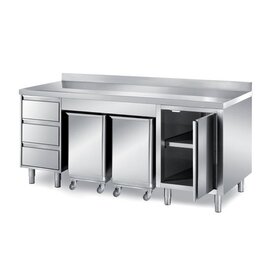cabinet table | 2000 mm x 700 mm H 870 mm with 2 ingredient containers with 3 drawers with 1 wing door | upstand product photo