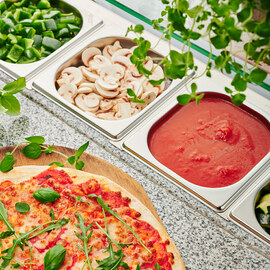 Starline pizza table with cooling top and glass cover, 3 doors, 8x GN 1/6 product photo  S