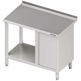 Work table with base shelf, 1600x600x850 mm, with hinged door cabinet on the right, with upstand, welded product photo