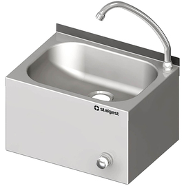 Wall-mounted hand wash basin, 400 x 295 x 240 mm, with three-sided basin panel, including tap and timer, with upstand, welded product photo