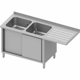 Sink cabinet with sliding doors and overhang 1600x700x900 mm, with two bowls on the left, with upstand, welded product photo