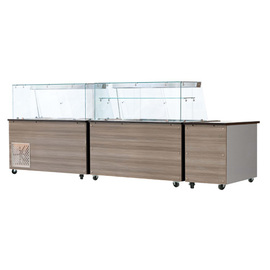 cold counter wheeled for 4 x GN 1/1 with cash desk | short glass top | wood panelling product photo