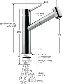 Spültischbatterie lever mixer tap high pressure retractable outreach 230 mm product photo  S