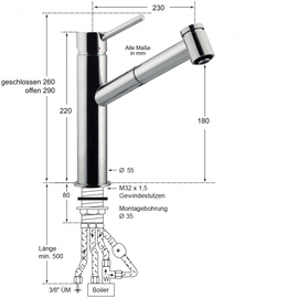 Spültischbatterie low pressure retractable outreach 230 mm H 180 mm product photo  S