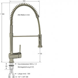 dish shower MASTER stainless steel lever mixer tap outreach 250 mm H 480 mm one hole product photo  S