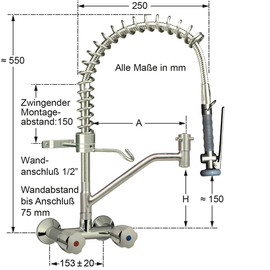 Pre-rinse shower 1/2" wall-mounted two-handle mixer tap H 550 mm product photo  S