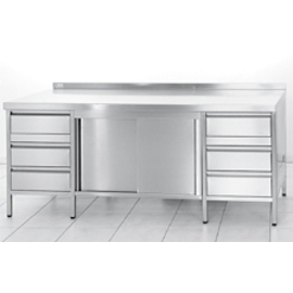 bakery table | work table stainless steel | 3-drawer block on the left and right | sliding doors | upstand at the back W 600 mm L 1885 mm product photo