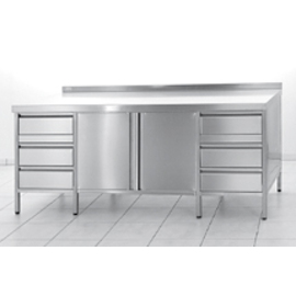 bakery table | work table stainless steel | 3-drawer block on the left and right | wing doors | upstand at the back W 600 mm L 1500 mm product photo