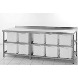 ingredient table stainless steel with 10 plastic containers | 2 shelves | upstand at the back | 2500 mm x 800 mm H 850 mm product photo