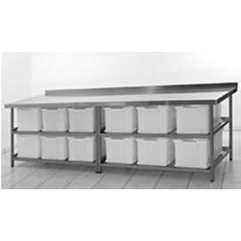 ingredient table stainless steel with 12 plastic containers | 2 shelves | upstand at the back | 2885 mm x 800 mm H 850 mm product photo