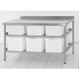 ingredient table stainless steel with 3 + 3 plastic containers | 2 shelves | upstand at the back | 1500 mm x 800 mm H 850 mm product photo