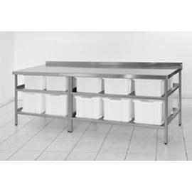 ingredient table stainless steel with 5 + 5 plastic containers | 2 shelves | upstand at the back | 2500 mm x 800 mm H 850 mm product photo