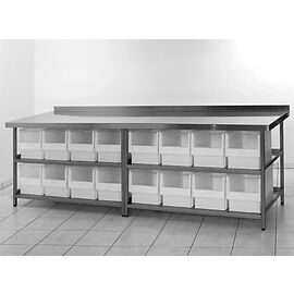 ingredient table stainless steel with 16 window containers | 2 shelves | upstand at the back | 2885 mm x 800 mm H 850 mm product photo