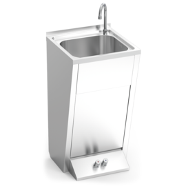 Stainless steel hand basin with foot control for hot and cold water, 450x450x850 mm product photo
