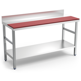 Preparation table with raised edge, base shelf, PE worktop, red, 1000 x 600 x H 850 mm product photo