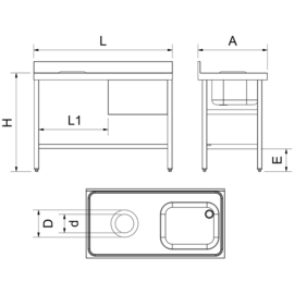 kitchen sink table with garbage pit sink on the right side | 1200 mm x 600 mm H 850 mm product photo