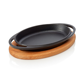 frying pan|serving pan cast iron enamelled with a wooden coaster x 140 mm | side handles product photo