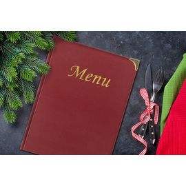 menu card BASIC DIN A4 red with gold lettering "Menu" incl. inlays product photo  S