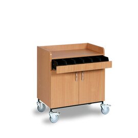 waiter station|service station beechwood coloured 2 wing doors rounded edges with 6 cutlery containers product photo