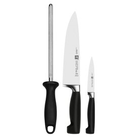 Set of knives, 3-pcs., Fourstar ® series, Knife and twine knife 100 mm, Chef's knife 200 mm and Sharpening steel 210 mm, handle: plastic, black product photo