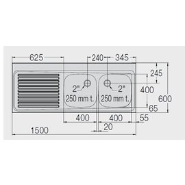 Sink Tops ZS 15x6-4/2,5 RE with drainboard on the left 2 basins | 400 x 400 x 250 mm L 1500 mm W 600 mm product photo