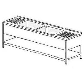 commercial sink unit drainboard on the left and on the right | 2 basins 500 x 500 x 300 mm | bottom shelf | 2200 mm x 700 mm product photo