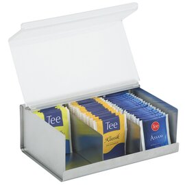 Tea box, matt stainless steel, 3 compartments for enveloped teabags, acrylic lid, hinged, approx. Ø 22 x 15 x H 8,5 cm product photo