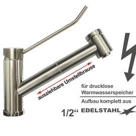 Spültischbatterie exis | for non-pressurized hot water storage tanks | round shower head product photo