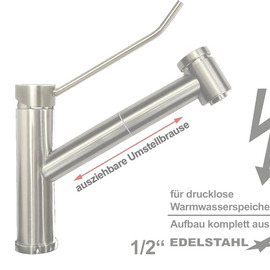 Spültischbatterie exis | for non-pressurized hot water storage tanks | round shower head on a pillar product photo
