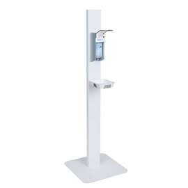 disinfection stand SOLID with arm lever white suitable for 500 ml Euro bottles floor model 450 mm x 450 mm H 1400 mm | drip tray product photo