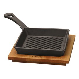 grill pan with a wooden board  • cast iron enamelled black | 160 mm  x 160 mm | long handle product photo