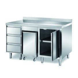 cabinet table 1500 mm  x 700 mm  H 850 mm with condiment container with 3 drawers with 1 wing door | upstand product photo