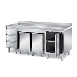 cabinet table 2000 mm  x 800 mm  H 850 mm with 2 ingredient containers with 3 drawers with 1 wing door | upstand product photo