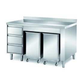 cabinet table 1500 mm  x 700 mm  H 850 mm with 2 ingredient containers with 3 drawers | upstand product photo