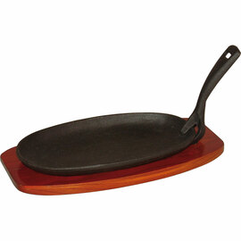 Cast iron serving pan with wooden trivet, dimensions 24 x 14 cm product photo