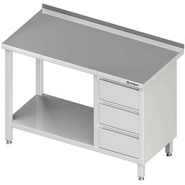 Work table with base shelf, 1400x700x850 mm, with 3 drawers on the right, with upstand, welded product photo