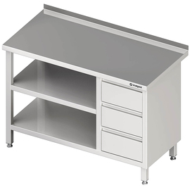 Work table with base and intermediate shelf, 800x700x850 mm, with 3 drawers on the right, with upstand, welded product photo