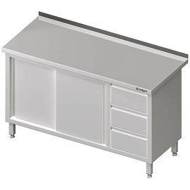 Work cabinet with sliding doors, 1500x700x850 mm, with 3 drawers on the right, with upstand, welded product photo