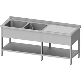 Sink unit with base, 2000x700x850 mm, with two basins on the left, with upstand, welded product photo