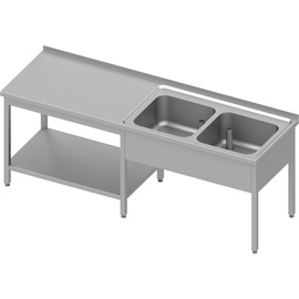 Executive table with base shelf under the work surface, with two sinks on the right 1800x700x850 mm, with upstand, welded product photo