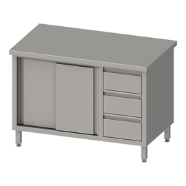 Work cabinet with sliding doors, 1200x600x850 mm, with 3 drawers on the right, without upstand, welded product photo