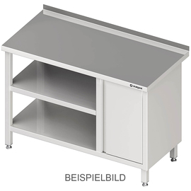 Work table with base and intermediate shelf, 800x600x850 mm, with hinged door cabinet on the right, without upstand, welded product photo