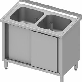 Sink cabinet with sliding doors 1000x600x850 mm, with two basins with upstand, welded product photo