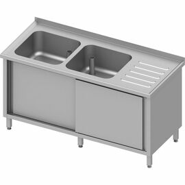 Sink cabinet with sliding doors, 1500x700x850 mm, with two basins on the left, with upstand, welded product photo