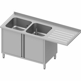 Sink cabinet with hinged doors and overhang 1600x700x900 mm, with two bowls on the left, with upstand, welded product photo