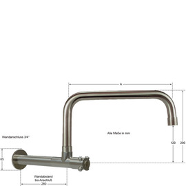 wall valve clasix 3/4" C-spout straight wall extension L 210 mm A 250 mm product photo  S