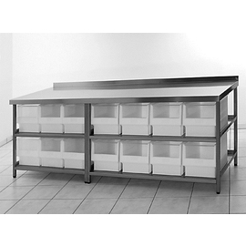 ingredient table stainless steel with 14 window containers | 2 shelves | upstand at the back | 2500 mm x 800 mm H 850 mm product photo