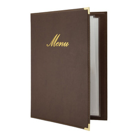 menu card CLASSIC DIN A4 leather look brown with gold lettering "Menu" incl. inlay product photo